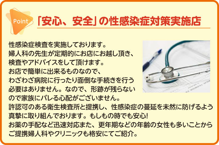 「安心、安全」の性感染症対策実施店　性感染症検査を実施しております。　婦人科の先生が定期的にお店にお越し頂き、検査やアドバイスをして頂けます。お店で簡単に出来るものなので、わざわざ病院に行ったり面倒な手続きを行う必要はありません。なので、形跡が残らないので家族にバレる心配がございません。許認可のある衛生検査所と提携し、性感染症の蔓延を未然に防げるよう真摯に取り組んでおります。　もしもの時でも安心！お薬の手配など迅速対応また、更年期などの年齢の女性も多いことからご提携婦人科やクリニックも格安にてご紹介。