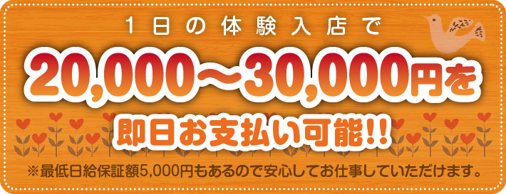 1日の体験入店で20,000円～30,000円を即日お支払可能!!